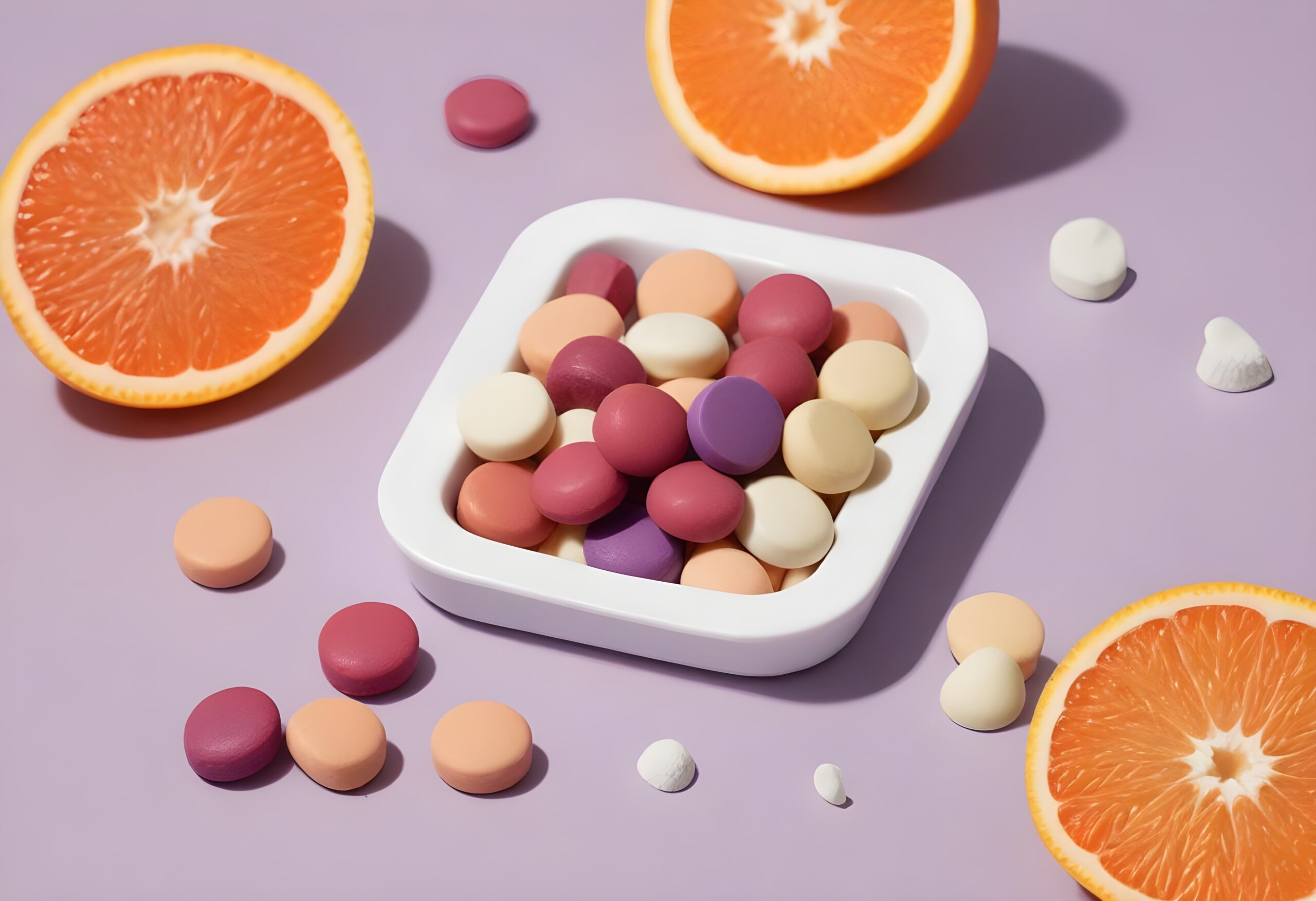 Nutricosmetic tablets and oranges sustainable beauty