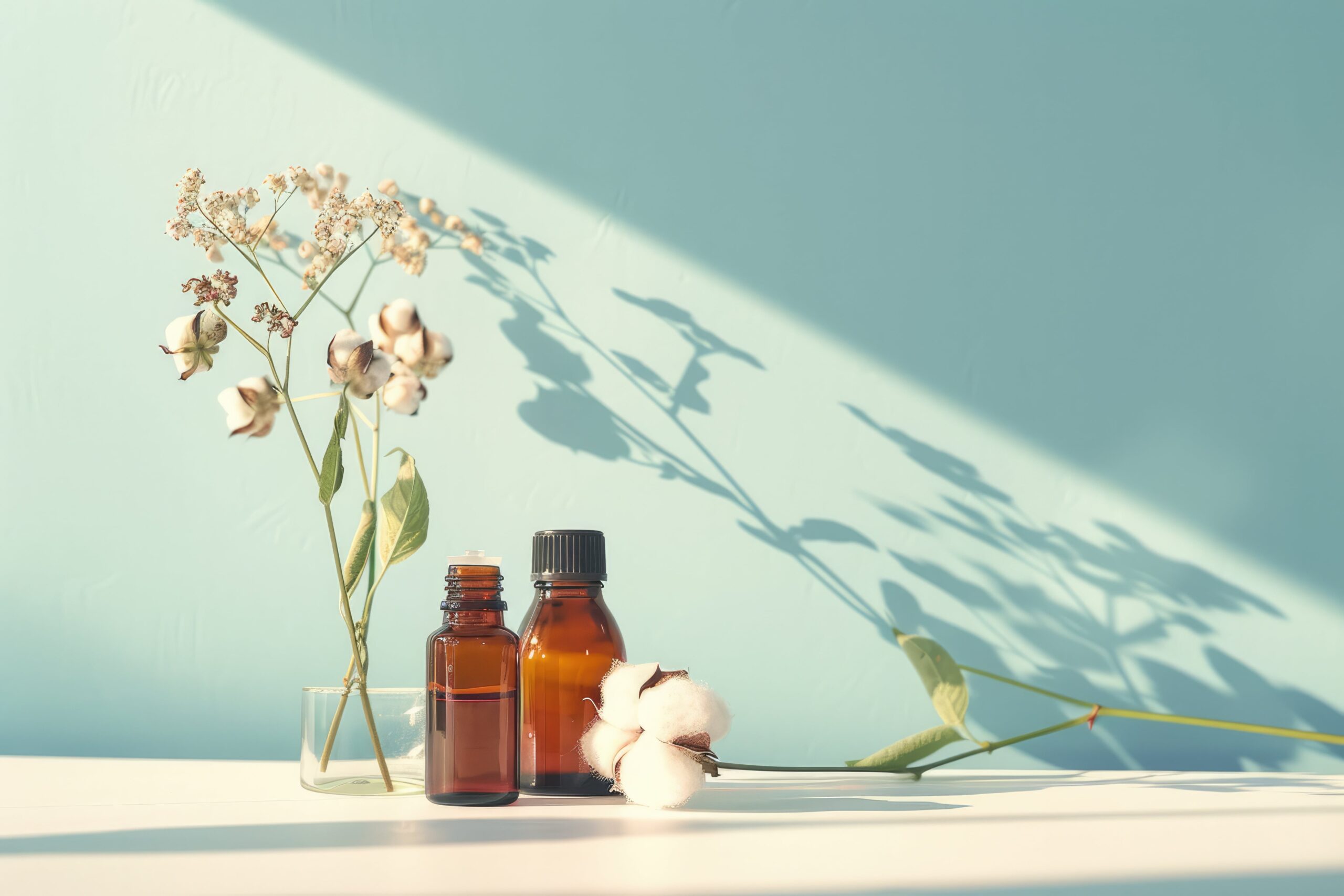 essential oils and cotton flowers on a light table with shadow