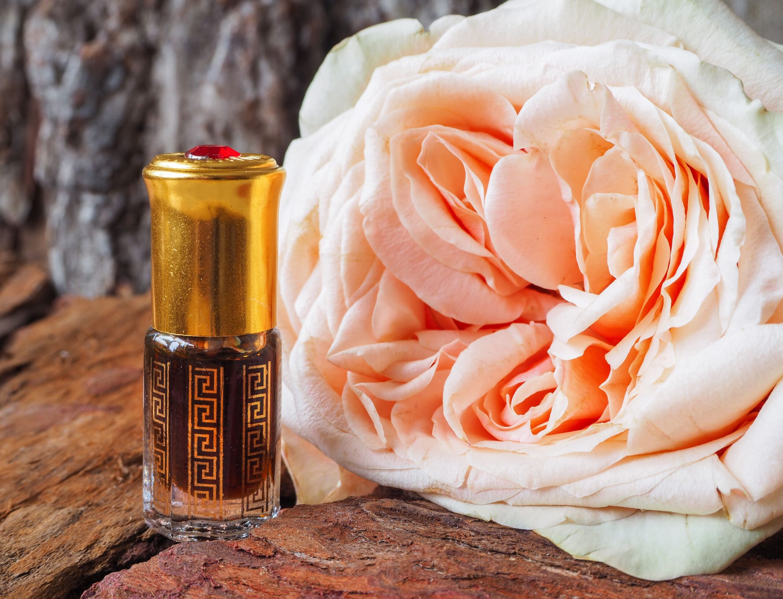 rose in background with rose attar decorative bottle in foreground