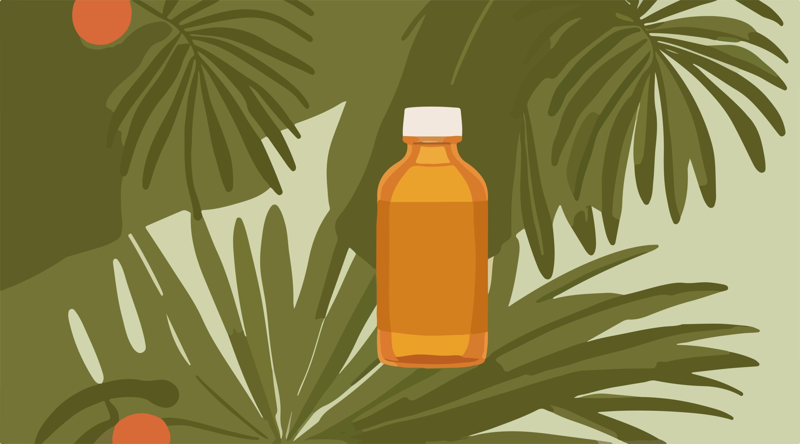 illustration of natural oil bottle among leaves